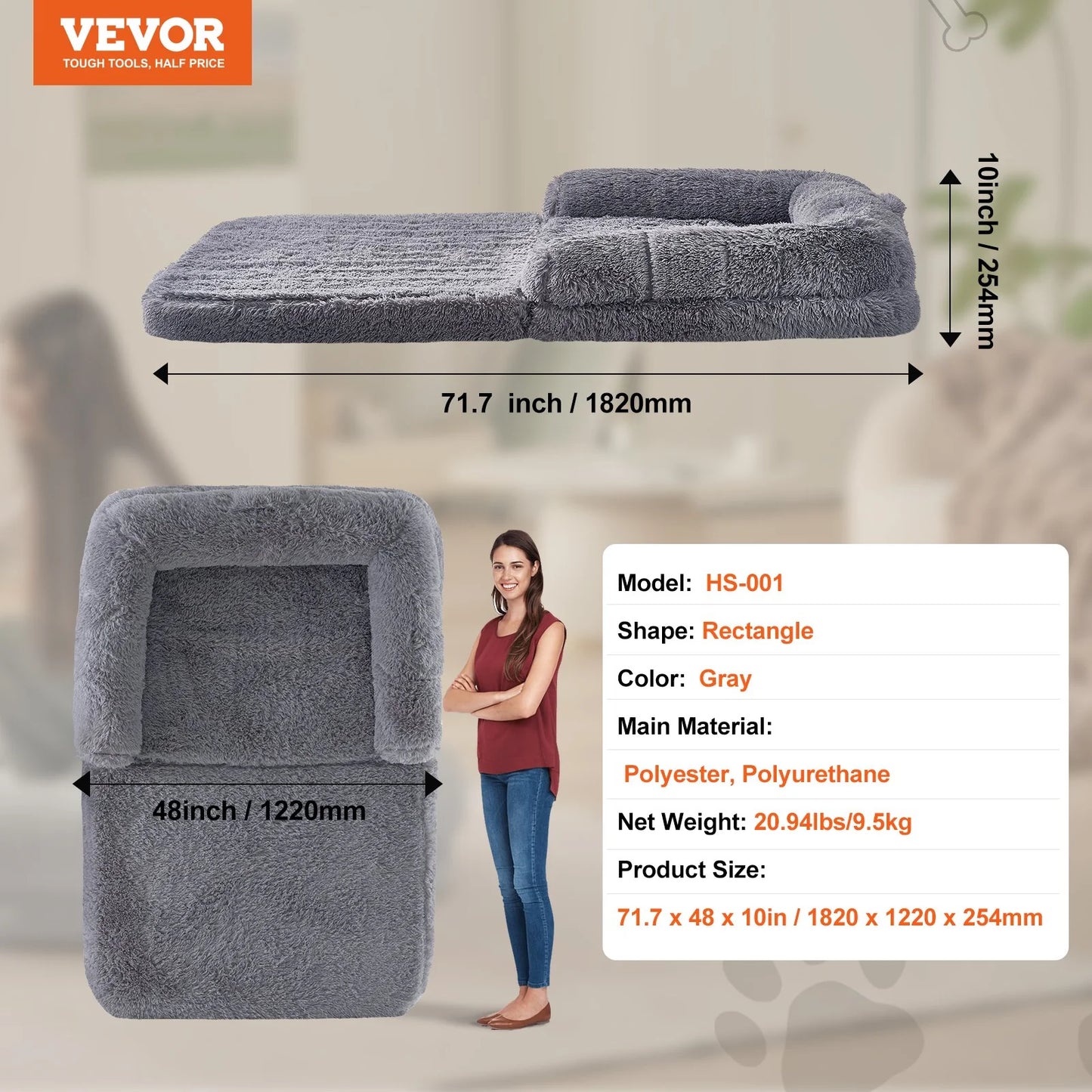 VEVOR Large Dog Bed – 72"x48"x10" Washable PV Velvet Comfort