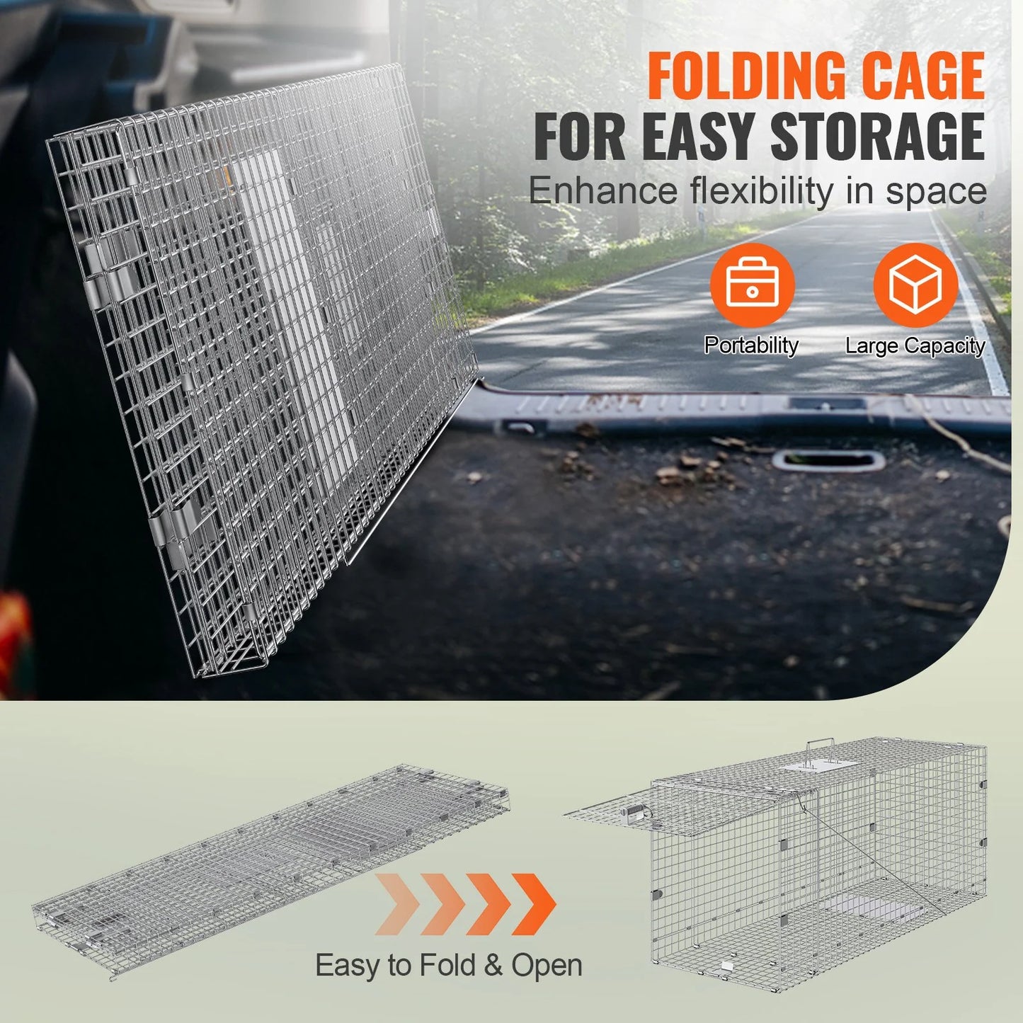 Humane Live Animal Trap – 50"x20"x26" Galvanized Iron, Foldable & Secure