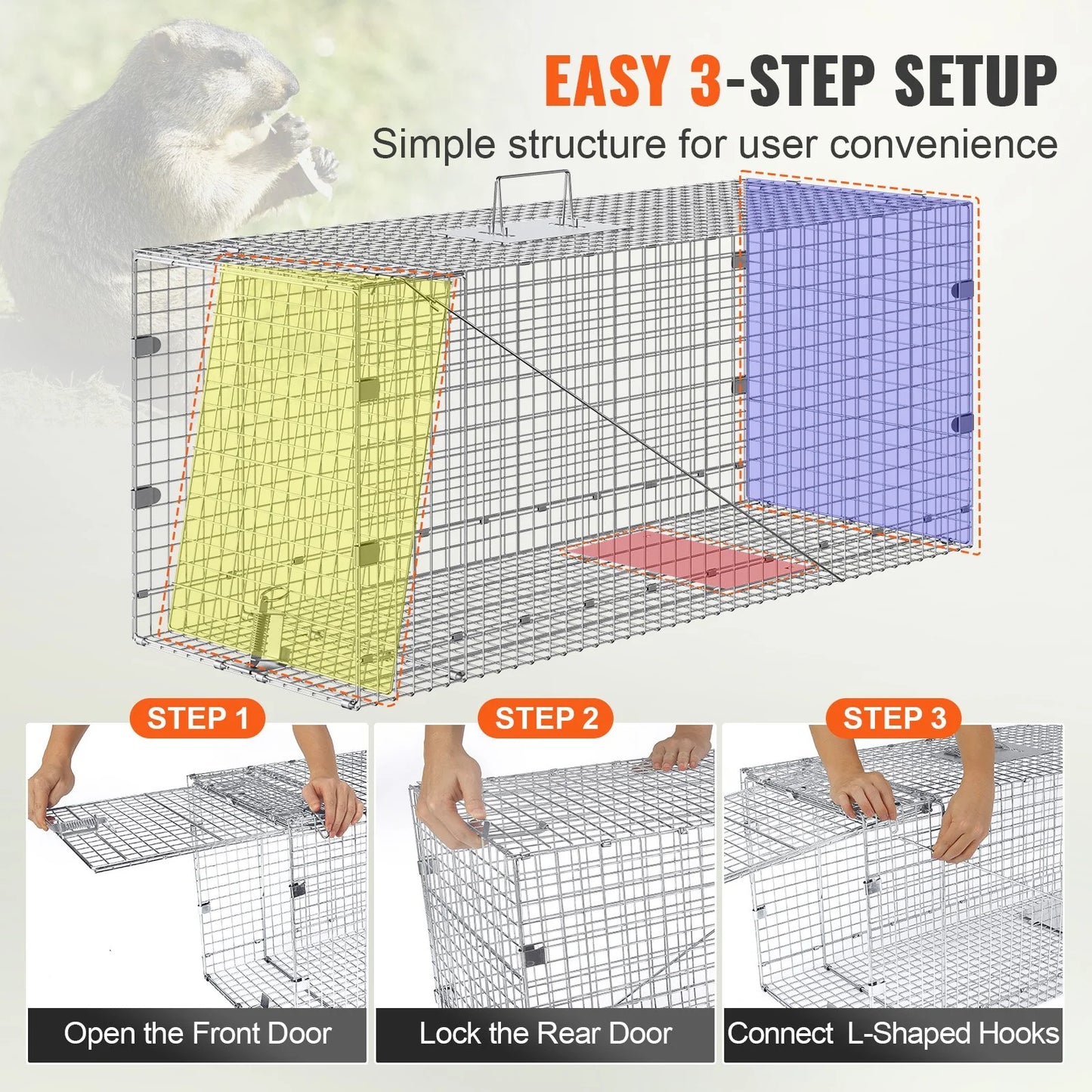 Humane Live Animal Trap – 50"x20"x26" Galvanized Iron, Foldable & Secure