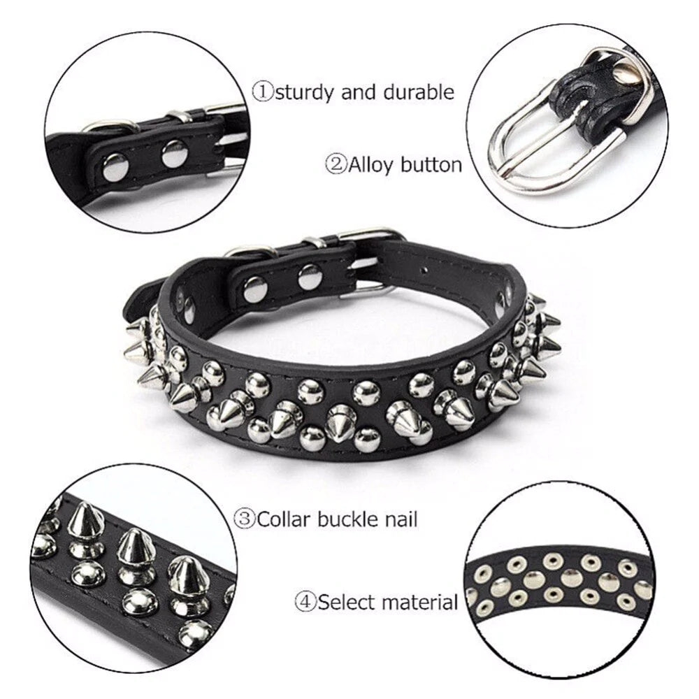 Adjustable Spiked Leather Dog Collar – Studded & Riveted for Pets