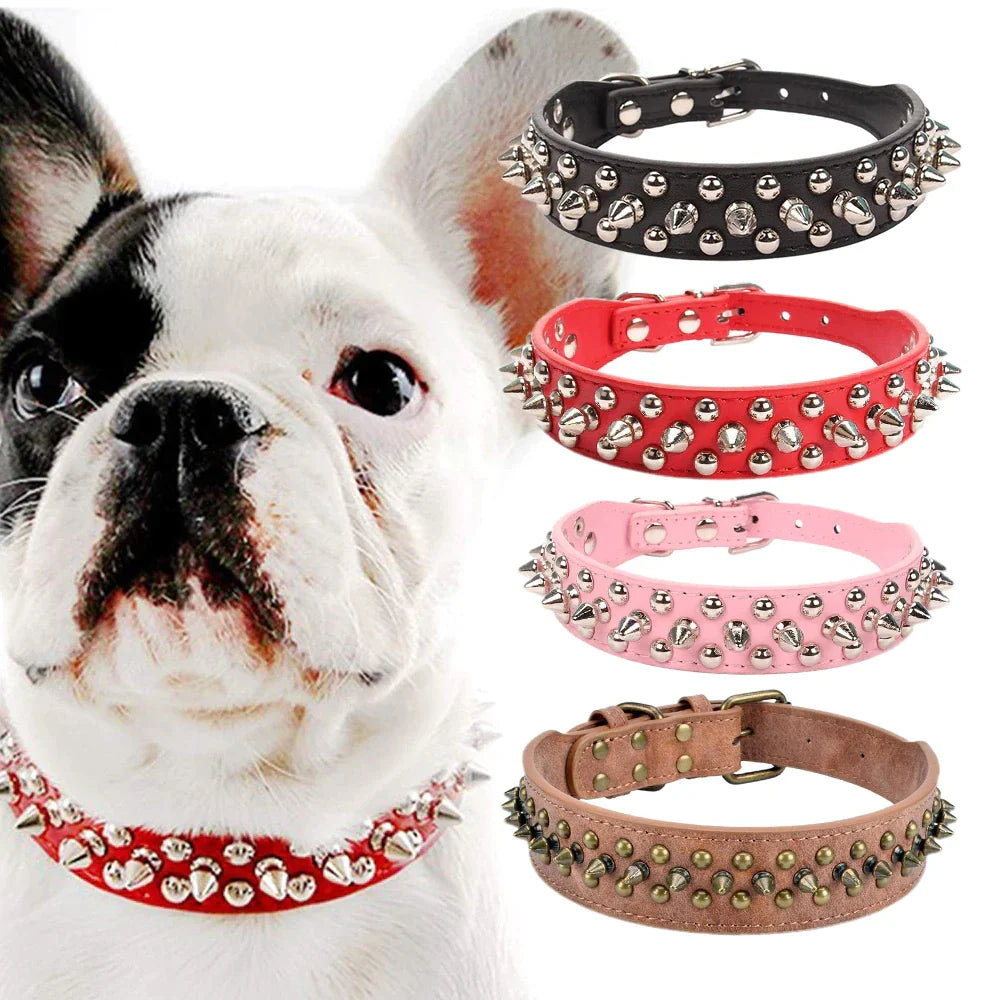 Adjustable Spiked Leather Dog Collar – Studded & Riveted for Pets
