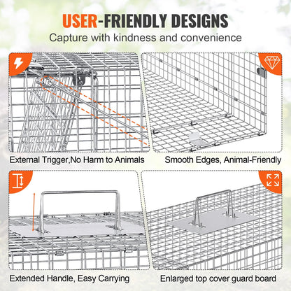 Humane Live Animal Trap – 50"x20"x26" Galvanized Iron, Foldable & Secure
