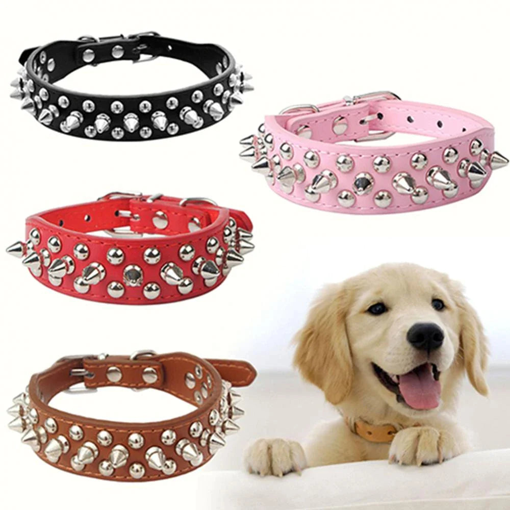 Adjustable Spiked Leather Dog Collar – Studded & Riveted for Pets