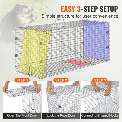 Humane Live Animal Trap – 50"x20"x26" Galvanized Iron, Foldable & Secure