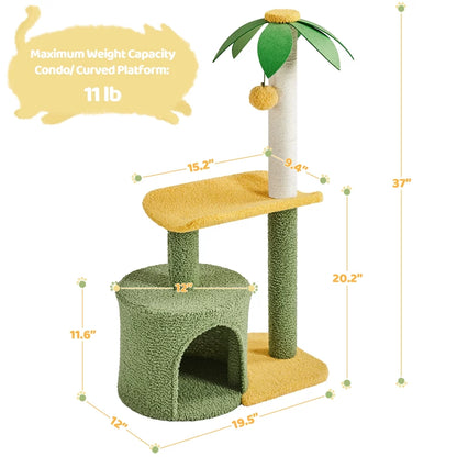 Upholstered 2-Level 37" Coconut Palm Cat Tree with Bending Perch, Gree/Yellow