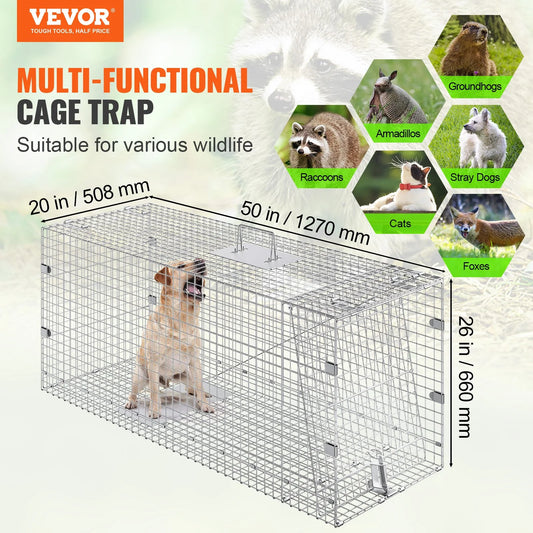 Humane Live Animal Trap – 50"x20"x26" Galvanized Iron, Foldable & Secure