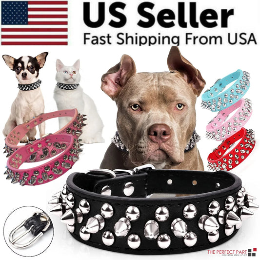 Adjustable Spiked Leather Dog Collar – Studded & Riveted for Pets
