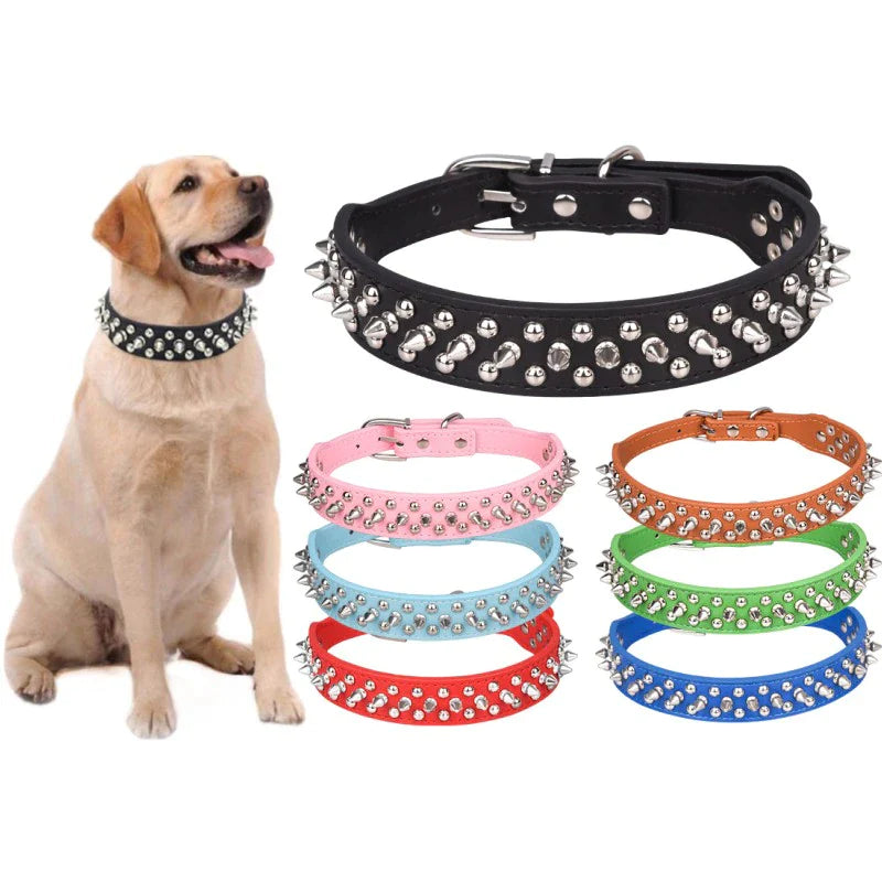 Adjustable Spiked Leather Dog Collar – Studded & Riveted for Pets
