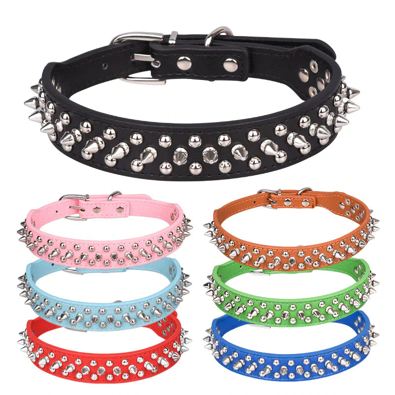 Adjustable Spiked Leather Dog Collar – Studded & Riveted for Pets