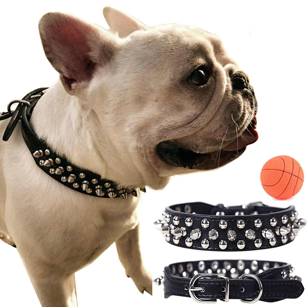 Adjustable Spiked Leather Dog Collar – Studded & Riveted for Pets