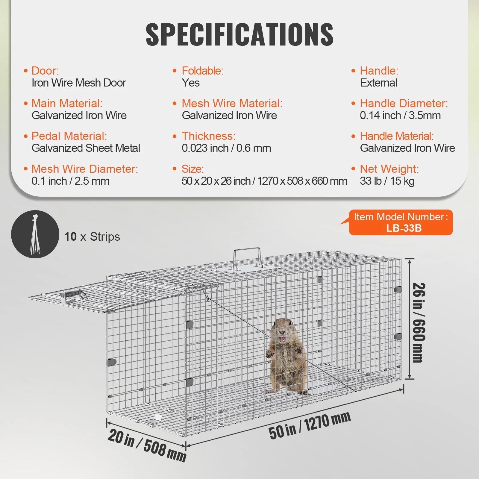 Humane Live Animal Trap – 50"x20"x26" Galvanized Iron, Foldable & Secure