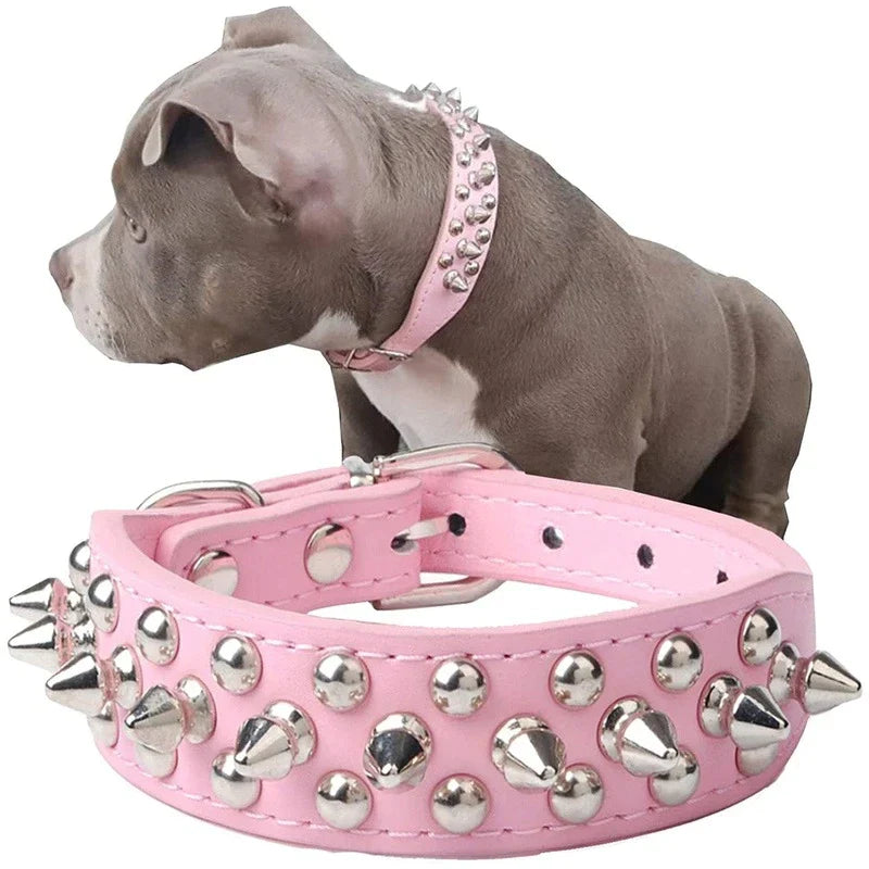 Adjustable Spiked Leather Dog Collar – Studded & Riveted for Pets